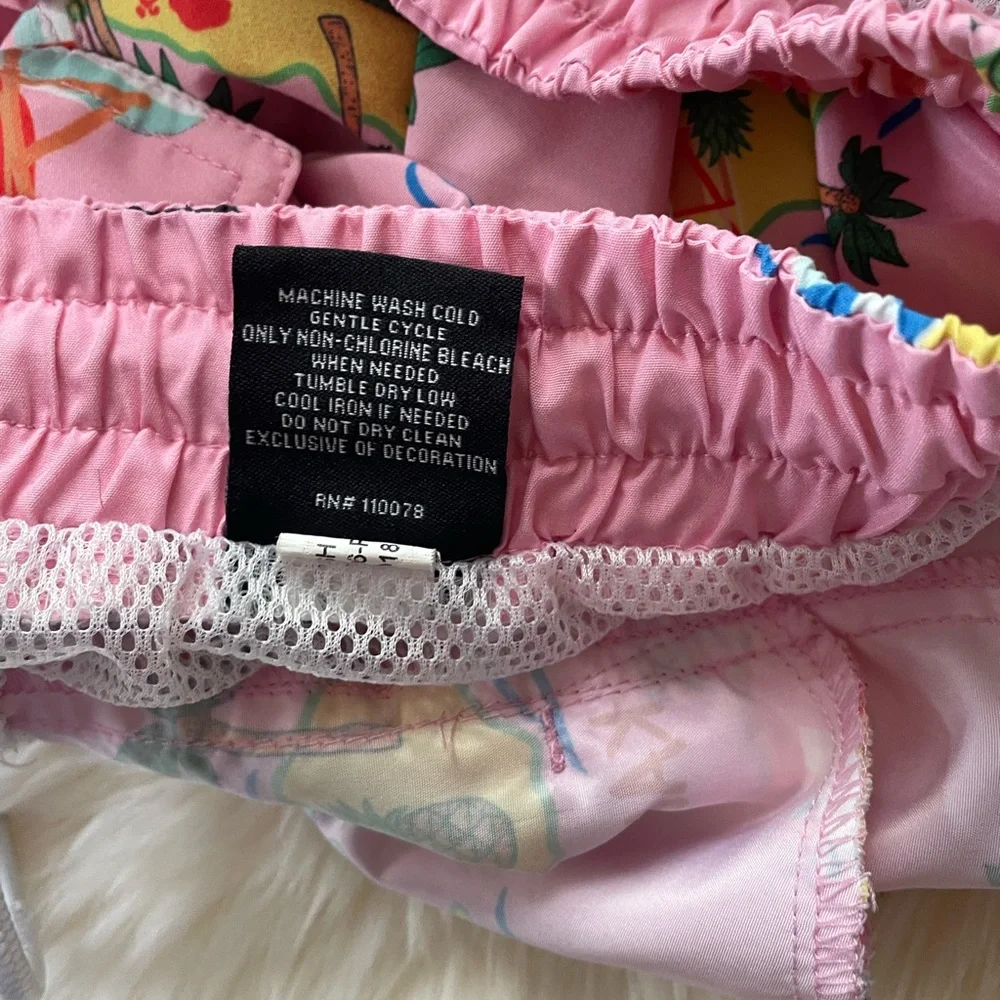 Edgar + Ash Men’s Swim Trunks. Pink with Hawaiian Theme. Size Medium